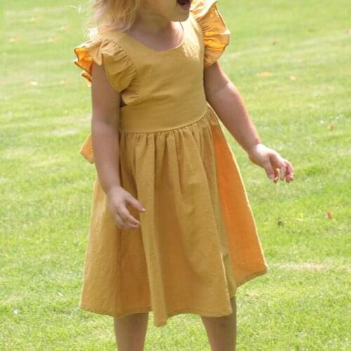 Summer Dress European American Style Cotton Linen Flying Sleeve Solid Color Princess Dress New Cross Strap Buckle Girl Dress