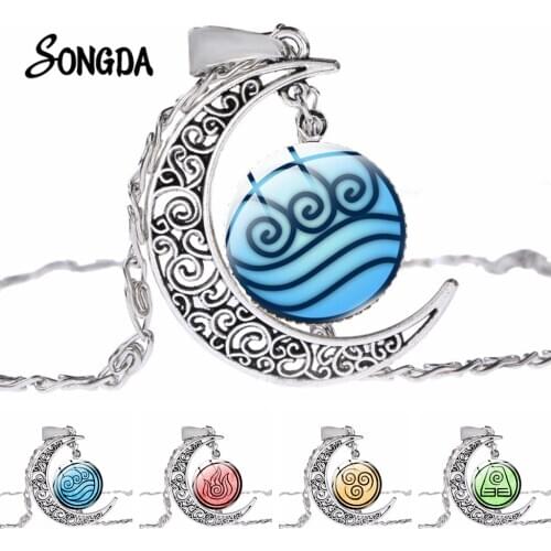 Avatar: The Last Airbender Necklace Air Nomad Fire And Water Tribe Statement Necklace Glass Cabochon Half Moon Pendant for Fans