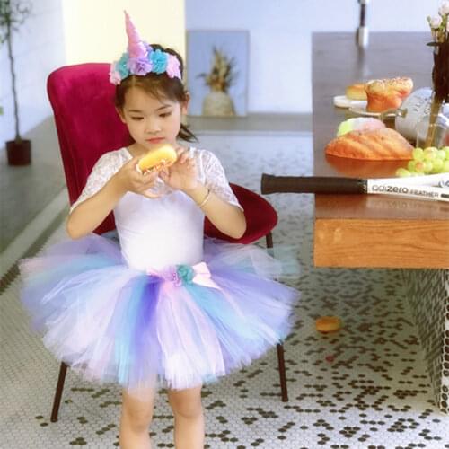 Pastel Unicorn Tutu Skirt with Flower Headband Children Bustle Birthday Party Tulle Tutu Skirts For Photos Kids Costume Set