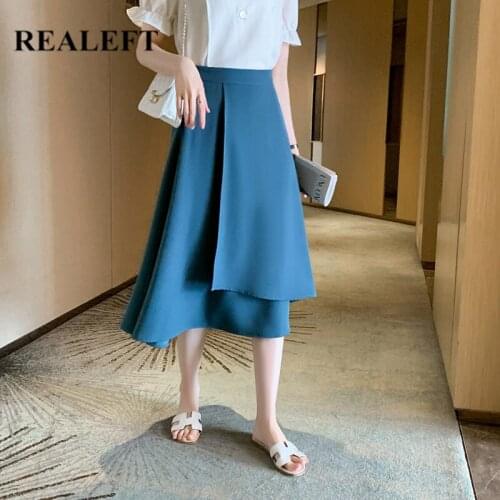 REALEFT 2021 New Summer Irregular Elegant Womens Midi Skirts Solid Female High Waist Office Lady A-Line Umbrella Chic Skirts