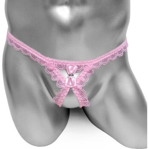 Sexy Mens Thong Penis Cockring Lace Sissy Panties Lingerie Underwear T back With Bowknot Jockstrap Crotchless Open Butt Bikini
