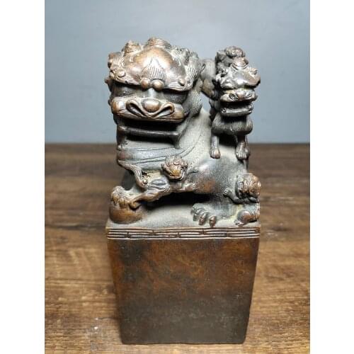 8"Tibet Buddhism Old Bronze Lacquer Cinnabar Lion statue Lion Button Yuxi seal Big lion Mother and child love Study Seal