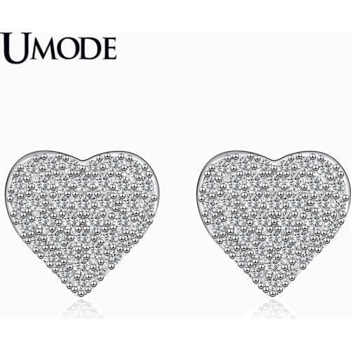 UMODE New Clear Round Zircon Heart Stud Earrings for Women Paved CZ Crystal White Gold Studs Jewelry Party Gifts AUE0474