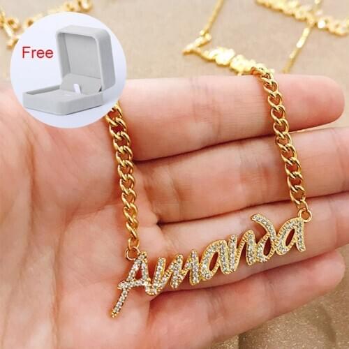 Custom Zircon Name Necklaces For Women Personalized Crystal Curb Chain Gold Necklace with Full Zircon Jewelry Christmas Gift