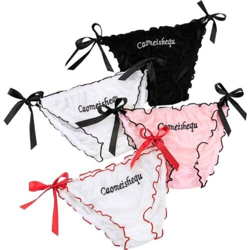 Women Sexy Semi-Sheer Mesh Underwear Briefs Letters Embroidered Side Tie Ribbon Bowknot Lingerie Thong Low Waist Ruffles Panties