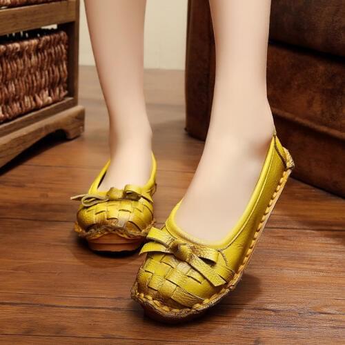 AARDIMI Handmade Genuine Leather Women Shoes Retro Butterfly-knot Round Toe Cow Leather Womens Flats Shoes Shallow Loafers