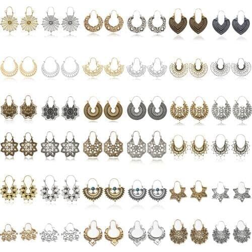 Tocona 15 Style Vintage Antique Silver Color Earrings for Women Hollow Carve Flowers Gypsy Tribal Ethnic Dangle Earrings серьги