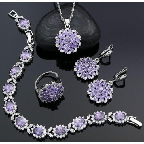 925 Silver Bridal Jewelry Sets for Women Wedding Purple Cubic Zirconia White Crystal Earrings Pendant Necklace Ring Bracelet