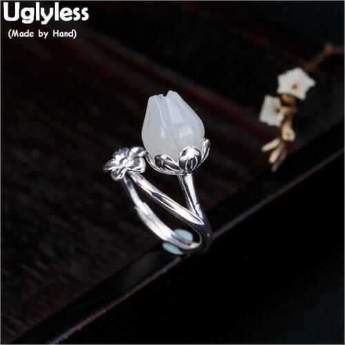 Uglyless 100% Real Solid 925 Sterling Silver Handmade Flower Open Rings for Women Natural Jade Magnolia Fine Jewelry Finger Ring