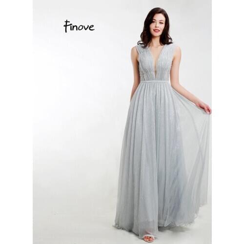 Finove 2020 Evening Dress Gray Crepe Long Sexy Backless Illusion O-neck Beaded Crystals A-line Party Dresses Gowns Plus Sizes