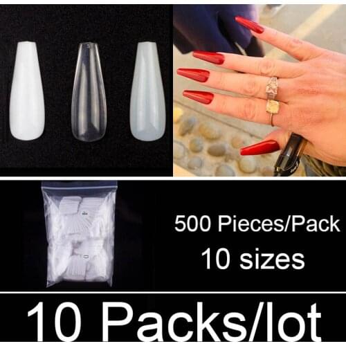 10 Packs/lot 500 Nail/Pack Long Coffin Ballerina False Nails 10 Sizes Full Cover Acrylic Fake Nails Art Decorations Manicure
