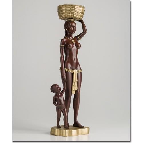 19in Chinese Art Deco Pure Brass African tribe Women Mother Son Boy sculpture Decoration Home Furnishings Gift Statue