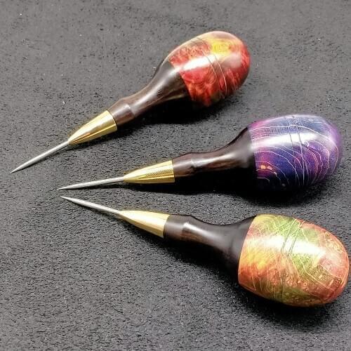 2.0mm Leather stitching holes straight round cone Damascus pattern steel awl stabilizing wood handle manual knitting tool