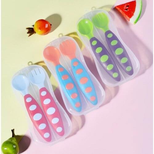 2Pcs/Box Spoon Fork Set Portable Infant Tableware With Storage Box Baby Feeding Tool Children Utensil Safety Bright Color