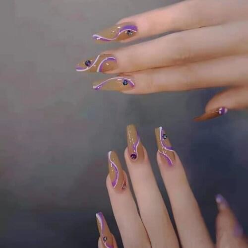 24pcs Purple Lines Nail Patch Glue Type Removable Long Paragraph Fashion Manicure Save Time False Nail Patch DL