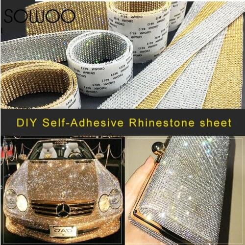 Aluminum Glass Crystal mesh Applique Self-Adhesive Strass Mesh Banding In Roll For Wedding Dresses Crafts SOWOO