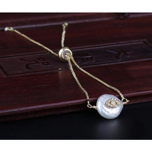 White clear cz tiny evil eye protection charm freshwater pearl bead charms dainty link bracelet for women wedding birthday gift
