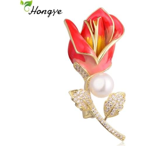 Hongye Gold Color Rose Zircon Copper Pearl Brooches Pins For Women Sweater Party Bridal Wedding Fine Jewelry New Fashion