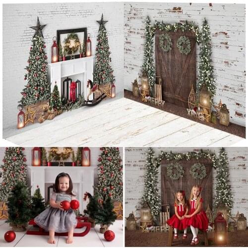 Merry Christmas Brick Wall Background Photography Christmas Tree Wreath Decor Winter Xmas Kids Adult Birthday Portrait Backdrop
