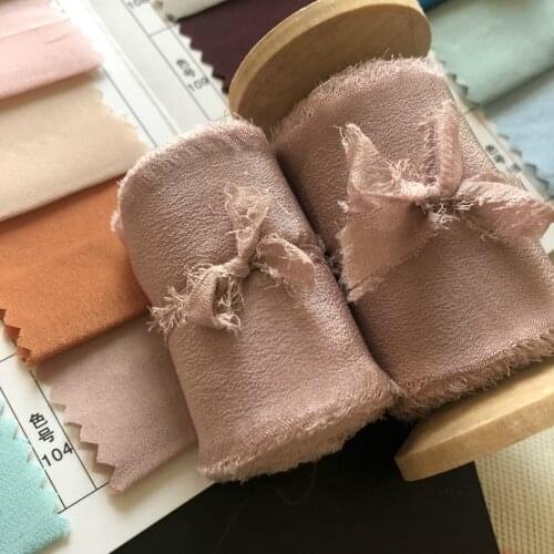 Hot Handmade Frayed Edged Chiffon Silk Ribbon with Wood Spool Wedding Invitation Bouquets Sheer Fringe Ribbon Flatlay