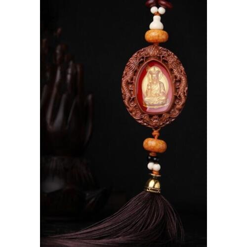 Chinese Rosewood Carved Double Dragon Buddha King Of The Inferno Bodhisattva Pendant Exquisite Car Pendant Statue Gift