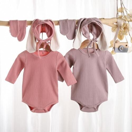 Newborn Baby Spring Autumn Cute Jumpsuit 2020 New Baby Boys Girls Solid Color Long Sleeved Romper + Bunny Ear Hat +Sock 3Pcs Set