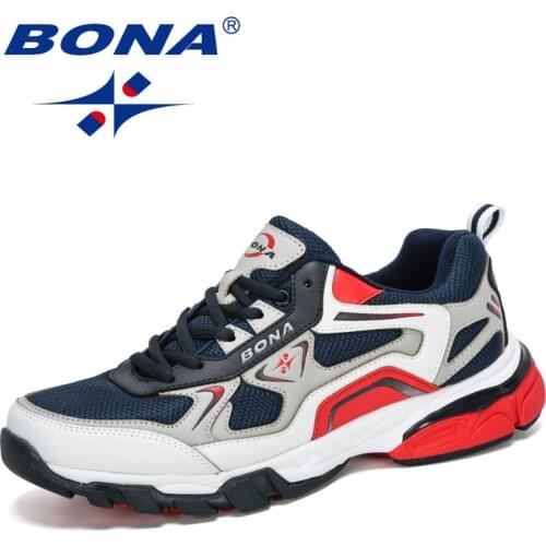 BONA 2021 New Style Mens Sneakers Leather Mesh Stitching Outdoor Breathable Running Shoes Comfortable Man Casual Sports Shoes
