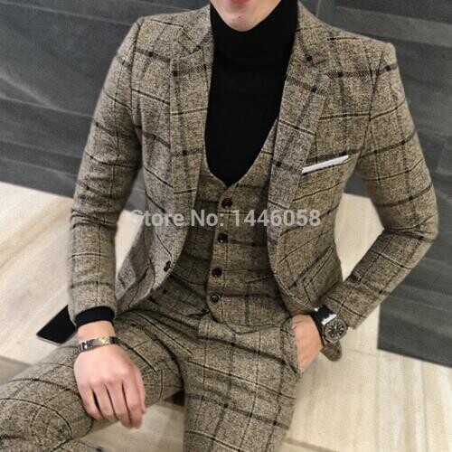 Mens Wedding Groom Plaid Suit 2019 Elegant Brand Custom Made Slim Fit Wedding Tuxedos 3 Piece Business Formal Groomsmen Suit