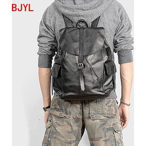 Men Backpack Genuine Leather Laptop Bags Shoulder Bag Travel Backpacks Black Cowhide Leather Vintage College Wind Soft Male BJYL