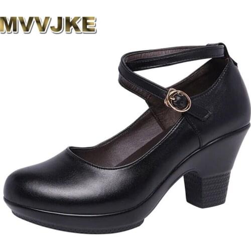 MVVJKE Classic Round Head Gladiator Pumps Women Platform Shoes 2021 Spring Med Block Heels Dance Shoes Ladies Office Party Shoe