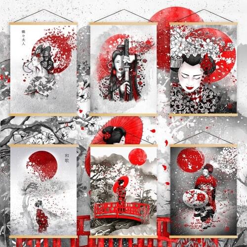 Canvas Wall Art Modern Prints Painting Kimono Girl Solid Wood Hanging Scrolls Posters Home Decor Living Room Modular Pictures