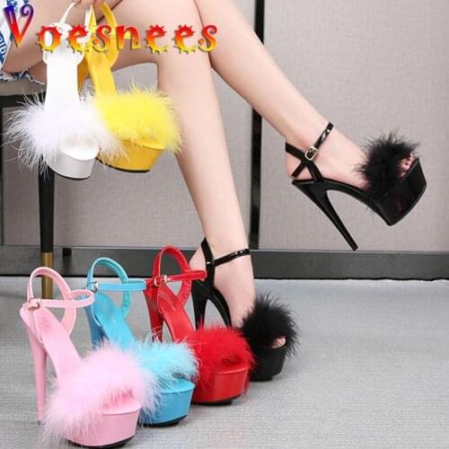 Sexy One Word Band Fur Vamp Women Sandals Waterproof Platform Nightclub Dance Shoes Summer 15CM Superheels For Models Stiletto