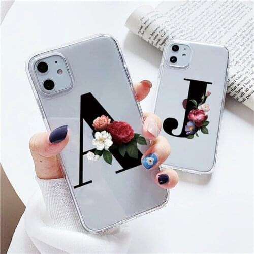 Moskado Clear Floral Letter A to Z Silicone Phone Case For iPhone 11 Pro X XR XS Max 8 7 6s Plus Couples Soft TPU Back Cover
