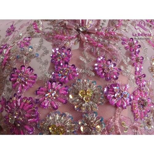 Handmade pink beading lace,pink mixed lace fabric for gown 1 yard