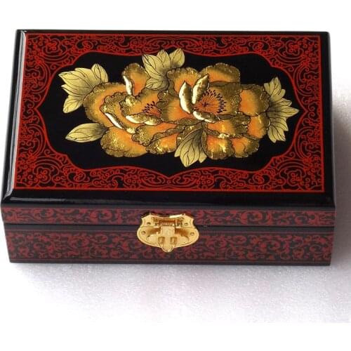 Retro double hand handmade jewelry lacquer jewelry box wood solid wood simple storage jewelry box 2 layers Gold peony flower 01