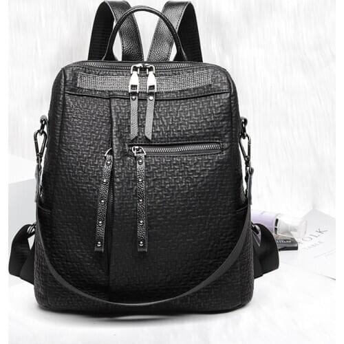 SMART SWWY Vrouwen Rugzak Echt Lederen Rugzak Vrouwen Nieuwe Mode Rugzak Vrouwelijke Grote Capaciteit Effen Zwarte Rugzak