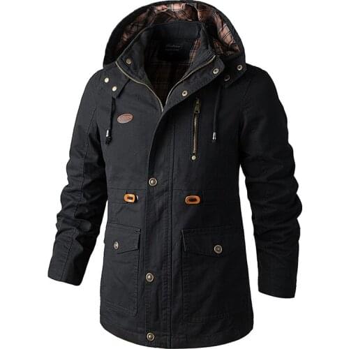 Outdoor Autumn Tooling Casual Cotton Jacket Mid-length Mens Large Size Jacket Hooded Windbreaker