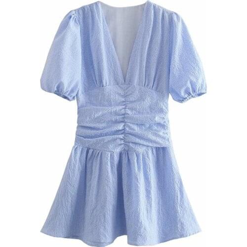 YENKYE New 2021 Women Blue Plaid Dress Female Ruched Waist V Neck Puff Sleeve Dress Ladies A-line Summer Short Robe