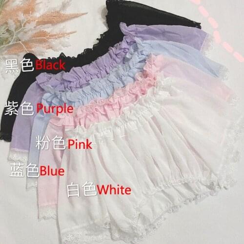 Women Chiffon Kawaii Lolita Shirt Short Harajuku Puff Sleeve Inside Top Japanese Style Clothes Cute Solid Color Casual Blouse