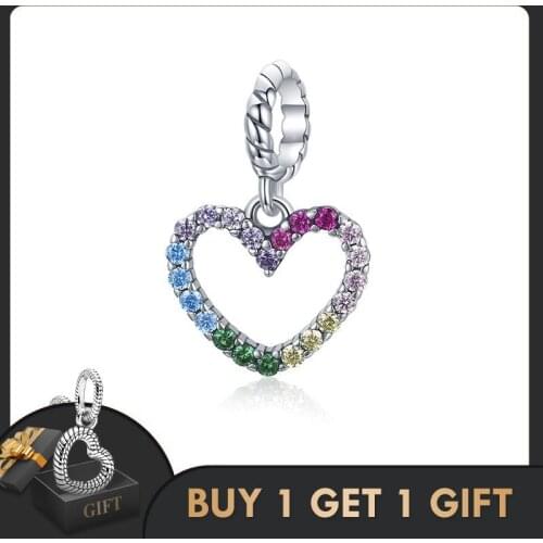 BISAER 925 Sterling Silver Zircon Rainbow Heart Charms Pendant Fit Women Girl Bracelets Cute Fashion Jewelry Making Gift ECC1851