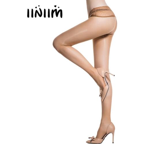Iiniim Women Floral Lace Waistband Thin Pantyhose Ladies Solid Color Glossy See-through Seamless Tights