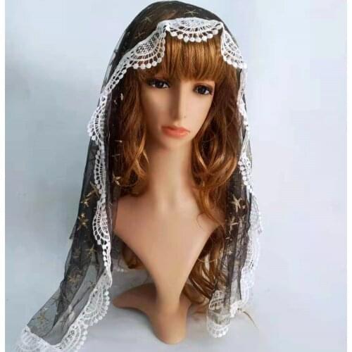 Stars Wedding Church Mantilla Black Catholic Veil for Womens Head Covering