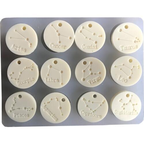 12 Constellations Round Tags Silicone Cake Mold Aromatherapy Wax Tablet Chocolate Mould For Car Pendant Gypsum Plaster Molds