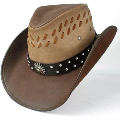 2019 100% Leather Men Women Western Cowboy Hat Wide Brim Hat Outdoor Sombrero Hombre Cowgirl Hat