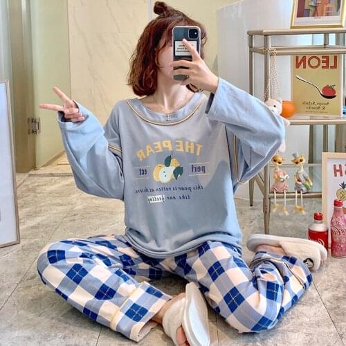 2021 spring new pajamas, cotton long-sleeved pajamas set, Japanese sweet two-piece set, round neck plus size pajamas set