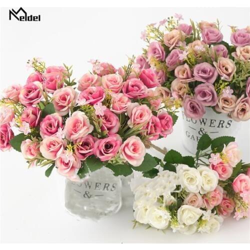 5 Branches Artificial Flowers Rose Branches Silk Small Fake Flower Rose Bridal Bouquet Wedding Home Living Room Decor Faux Flore