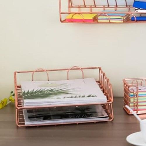 AU42 -1 Set Of 2 Office Supplies Metal Stackable File Document Letter Tray Organizer, Rose Gold