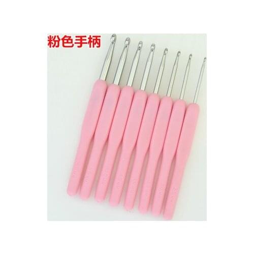 Free shipping pink crochet kit sewing machine weaving tools soft handle crochet 8pcs a set