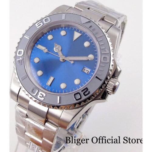 BLIGER Blue Sunburst 24 Jewels NH35A 40mm Mechanical Men Watch No Magnifier Middle Polished Oyster Strap Sapphire Glass