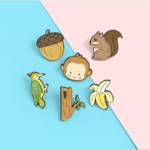 Forest Animal Enamel Pins Monkey Banana Squirrel Pine Cones Woodpecker Trunk Brooch Lapel Badge Bag Jewelry Gift for Kid Friend